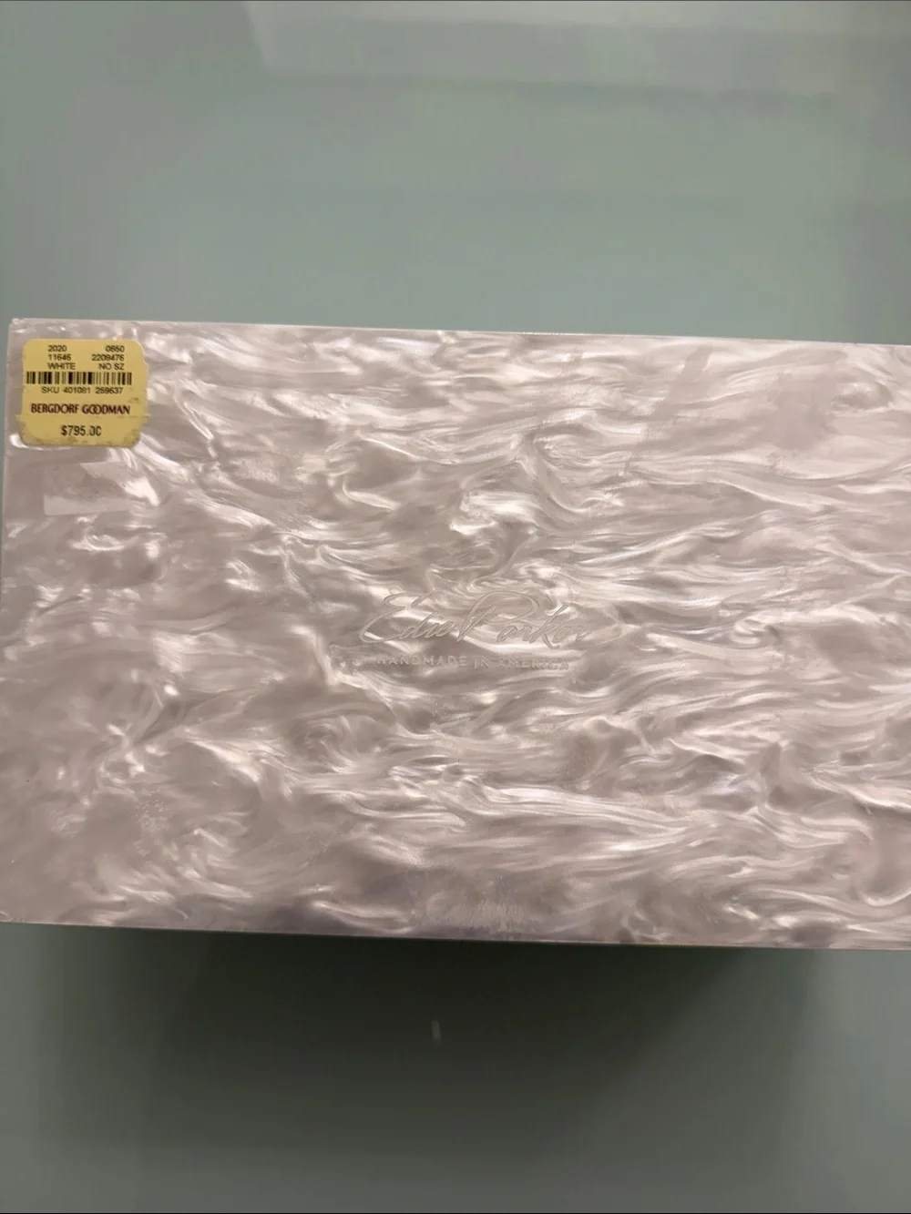 Edie Parker Pearl White Acrylic Cosmetic Case with Silver 'Mrs.' Script